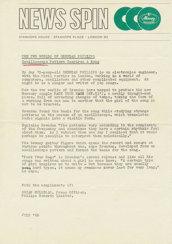 Brendan Phillips - Pack Your Bags - July 1966 [UK] - Press Release