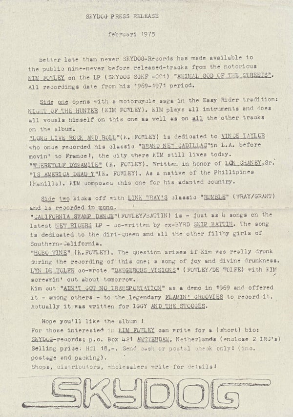 Kim Fowley - Skydog - February 1975 [Holland] - Press Release