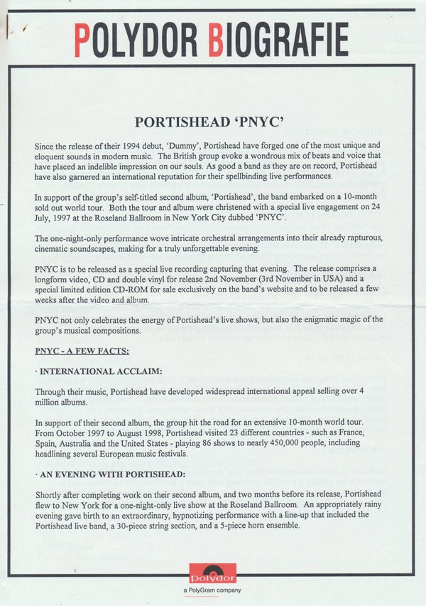 Portishead - PNYC - November 1998 [Holland] - Press Release