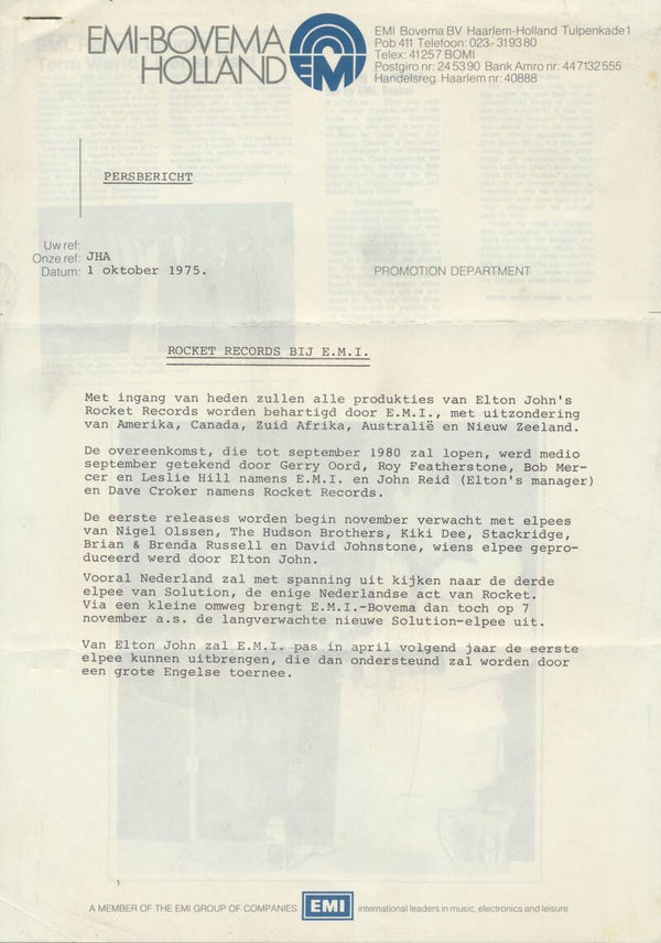 Elton John - Rocket Records - October 1, 1975 [Holland] - Press Release