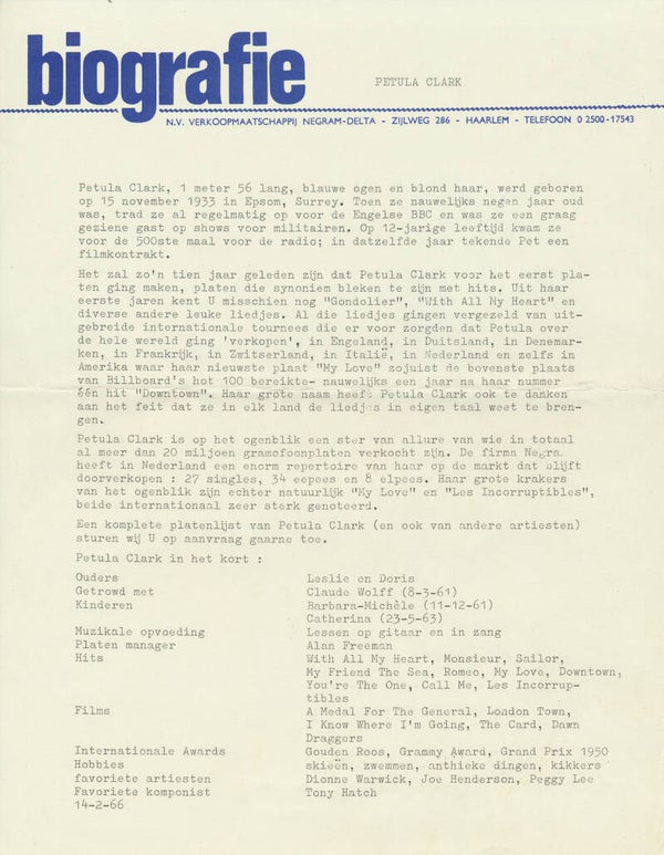 Petula Clark - Biografie - February 14, 1966 [Holland] - Press Release