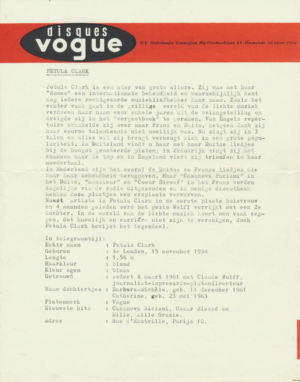 Petula Clark - 1960s [Holland] - Press Release