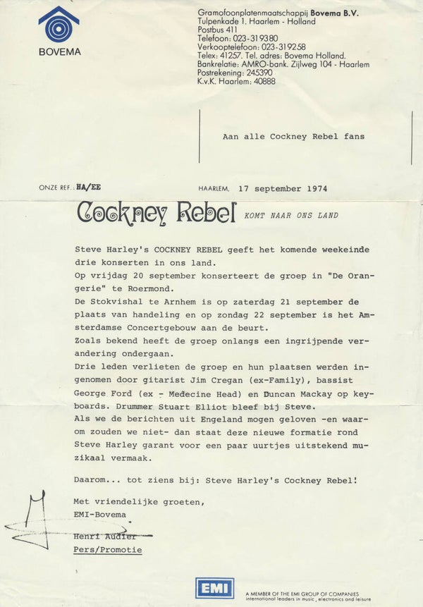 Cockney Rebel - Komt Naar Ons Land - September 17, 1974 [Holland] - Press Release