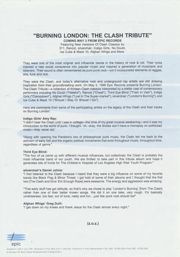 Burning London : The Clash Tribute - 1999 [Holland] - Press Release