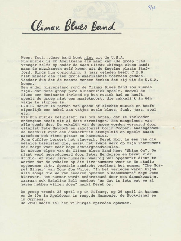 Climax Blues Band - May 1978 [Holland] - Press Release
