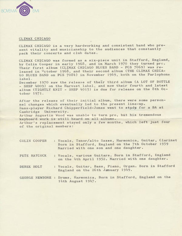 Climax Chicago - 1971 [Holland] - Press Release