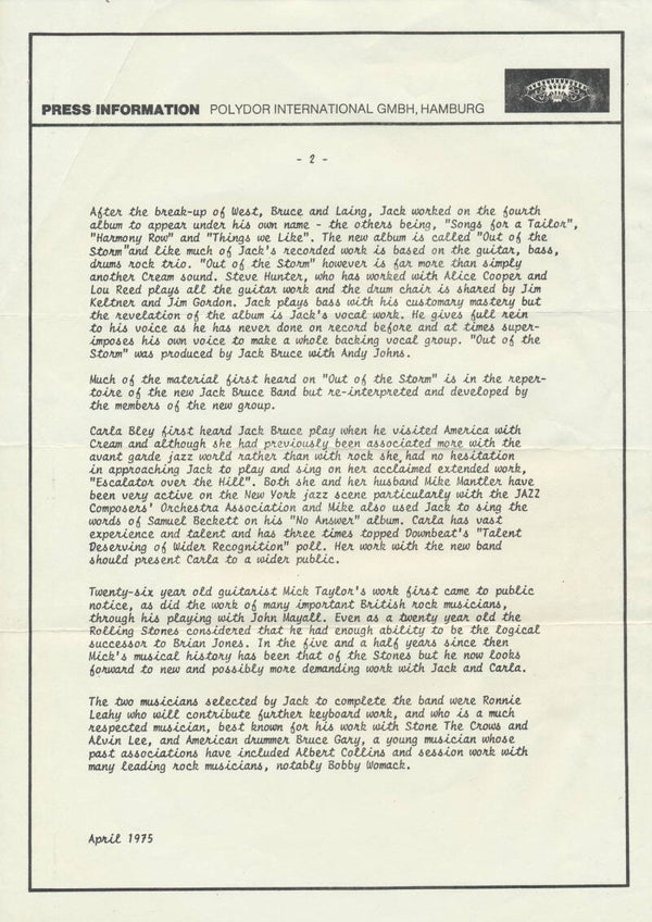 Jack Bruce Band - Press Information - April 1975 [Holland] - Press Release