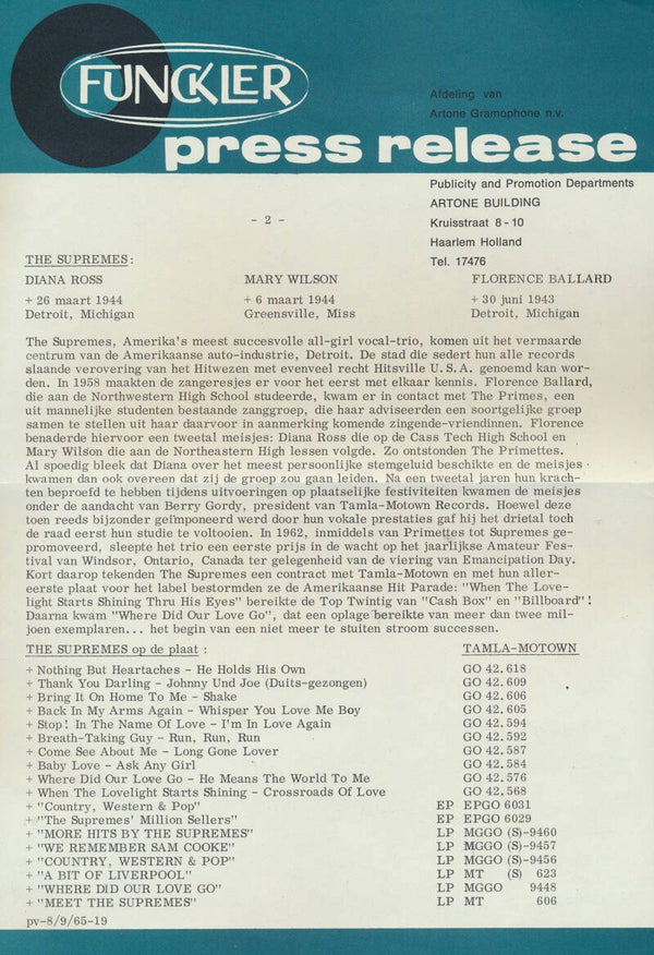 The Supremes - Grand Gala Du Disque - September 8, 1965 [Holland] - Press Release