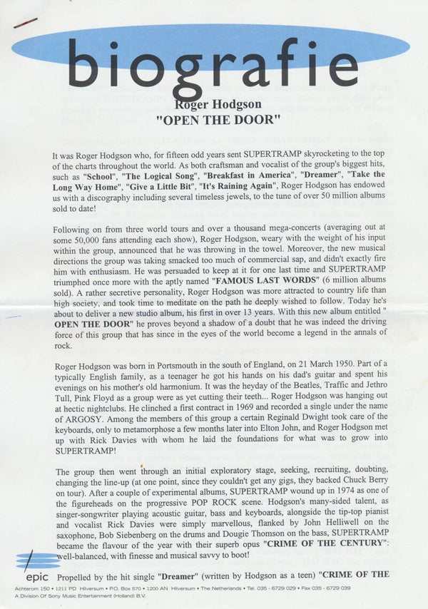 Roger Hodgson - Open The Door - 2000 [Holland] - Press Release
