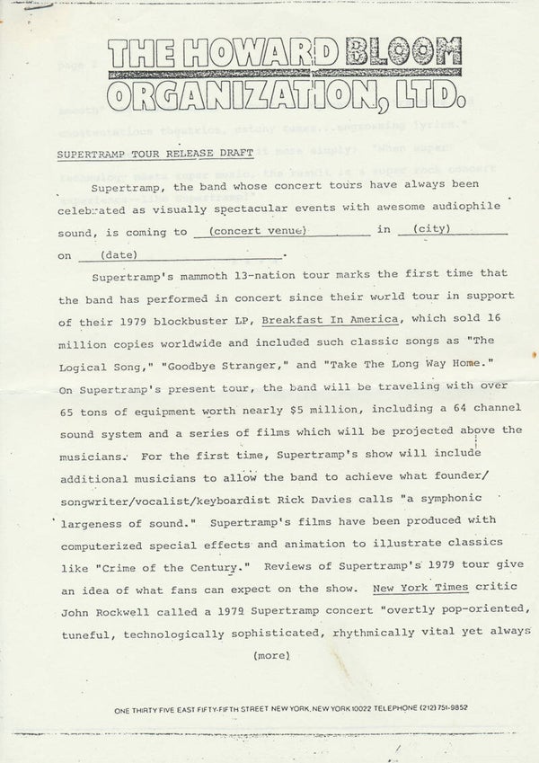 Supertramp - Tour Release Draft - 1979 [USA/Holland] - Press Release