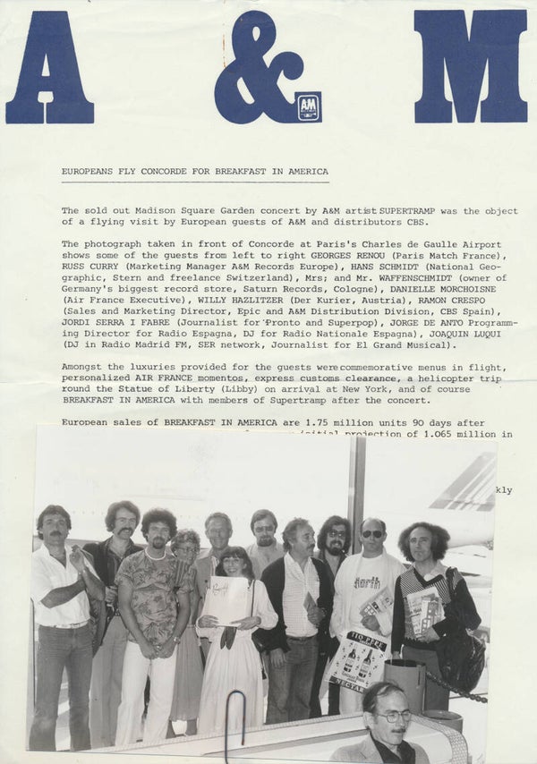 Supertramp - Europeans Fly Concorde For Breakfast In America - June 28, 1979 [France] - Press Release/Photo