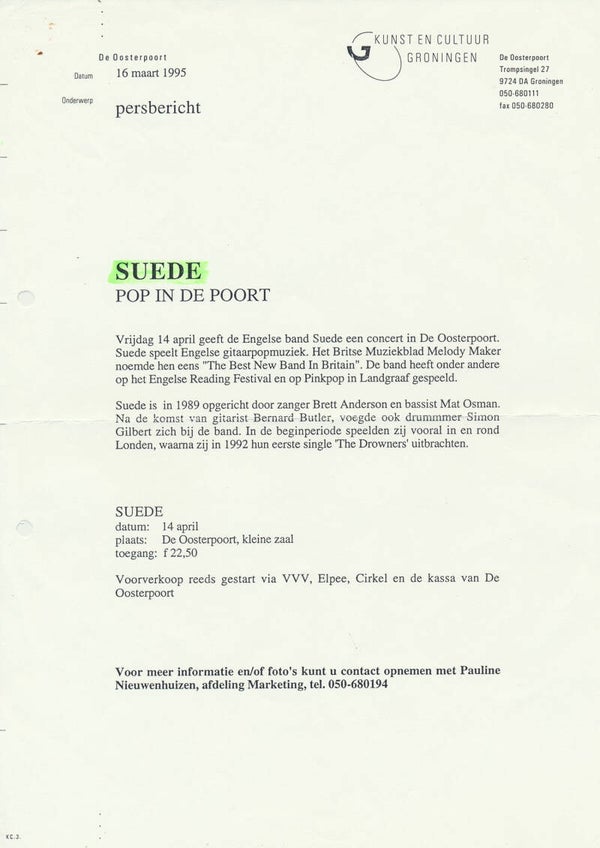 Suede - Oosterpoort, Groningen - April 14, 1995 [Holland] - Press Release
