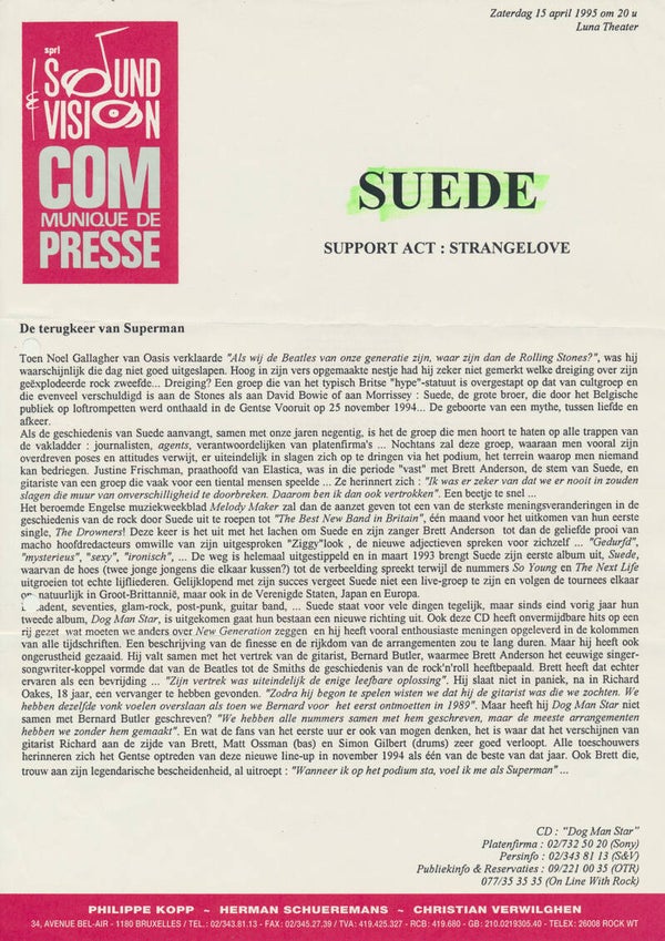 Suede - Luna Theater - Brussels - April 15, 1995 [Belgium] - Press Release