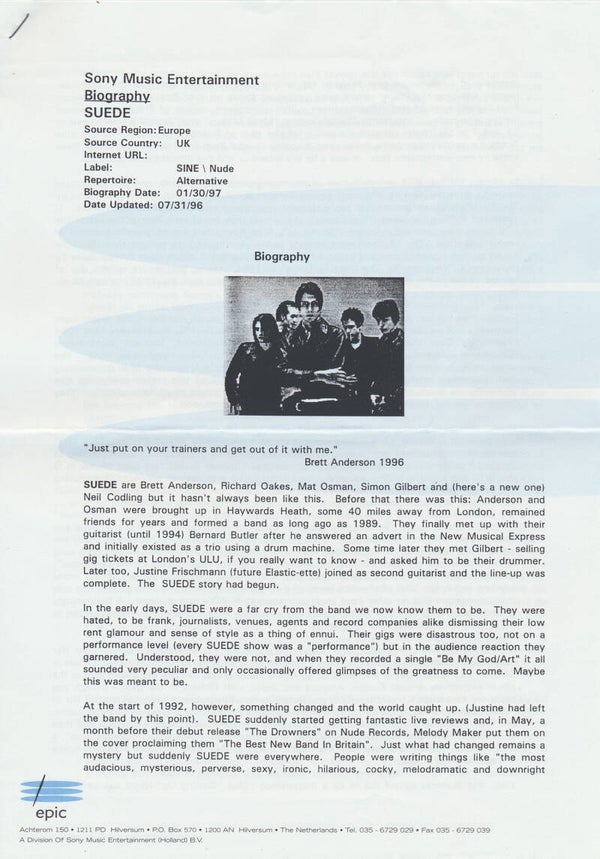 Suede - Biography - January 30, 1997 [Holland] - Press Release