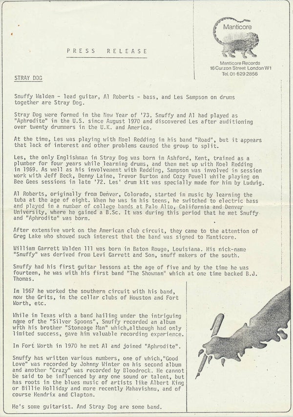 Stray Dog - 1970s [UK] - Press Release