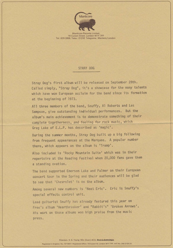 Stray Dog - 1973 [UK] - Press Release