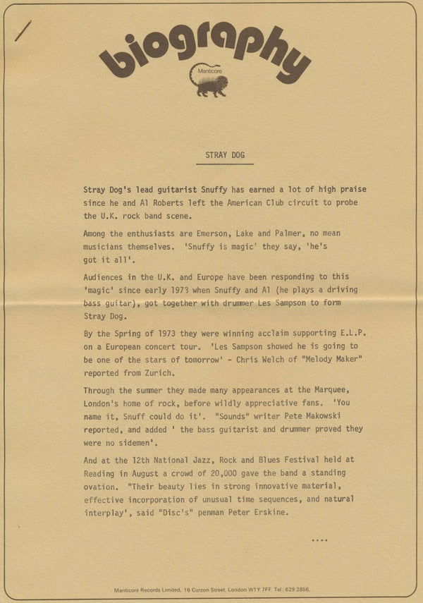 Stray Dog - Biography - 1973 [UK] - Press Release