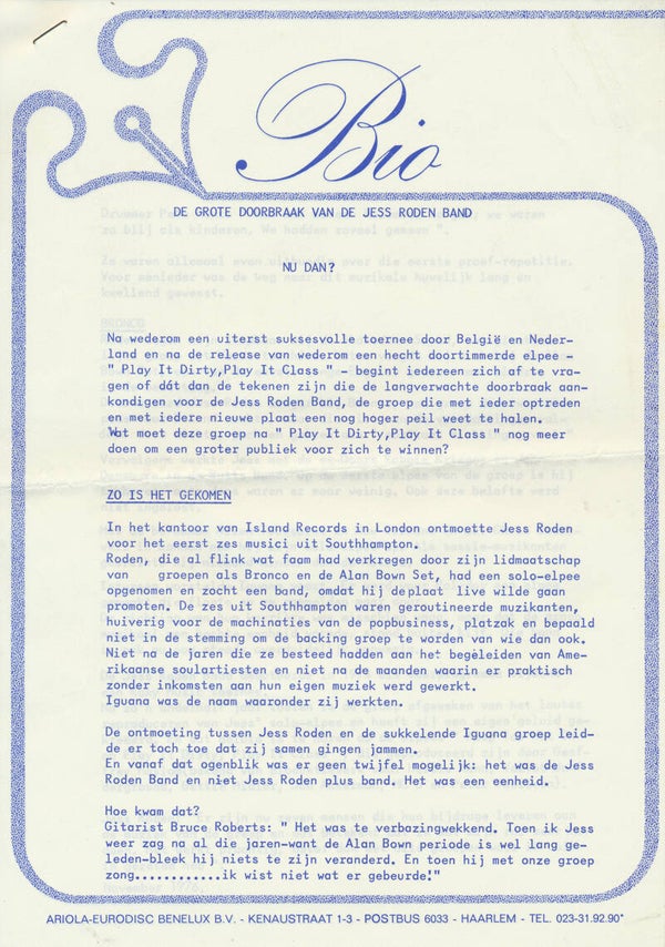 Jess Roden Band - November 1976 [Holland] - Press Release