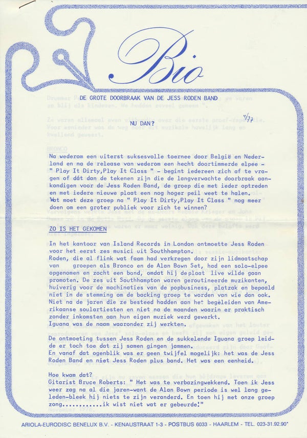 Jess Roden Band - November 1976 [Holland] - Press Release