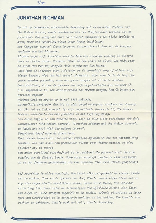 Jonathan Richman - February 1978 [Holland] - Press Release