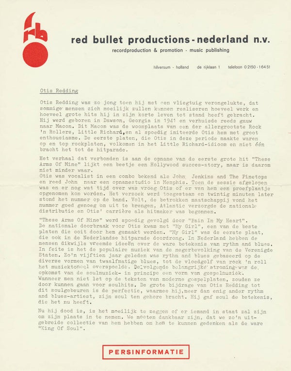 Otis Redding - 1968 [Holland] - Press Release