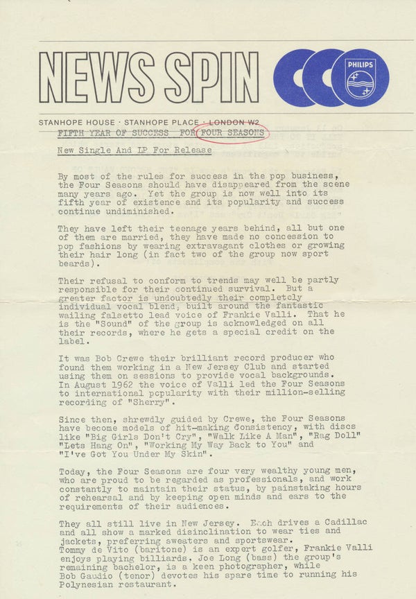 The Four Seasons - Tell It To The Rain - 1966 [UK] - Press Release