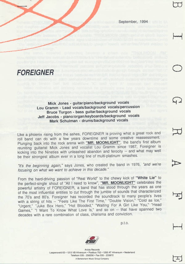 Foreigner - Mr. Moonlight - September 1994 [Holland] - Press Release