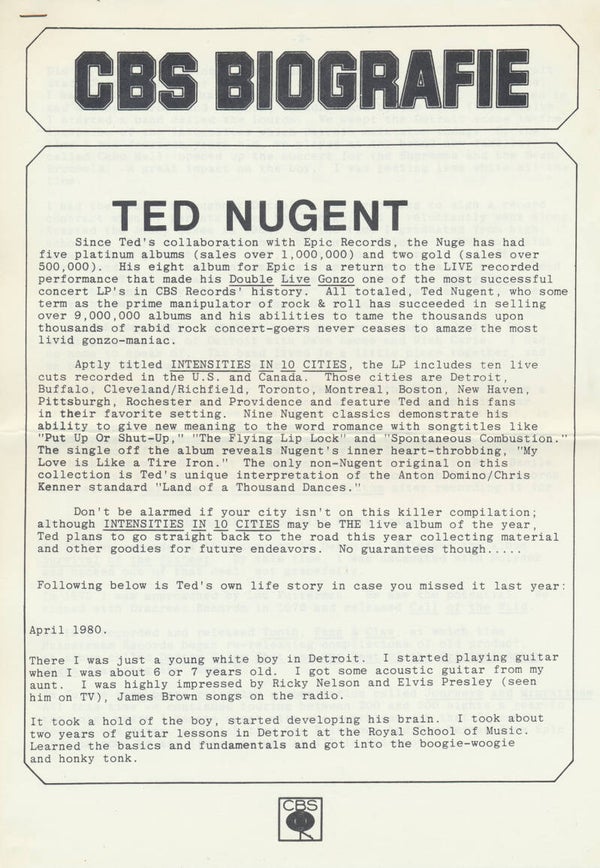 Ted Nugent - CBS Biografie - February 1981 [Holland] - Press Release
