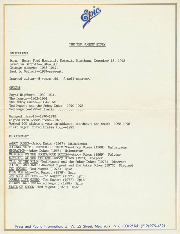 Ted Nugent - The Ted Nugent Story - 1981 [USA] - Press Release