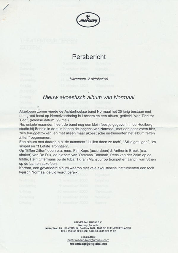 Normaal - Van Tied Tot Tied - October 2, 2000 [Holland] - Press Release
