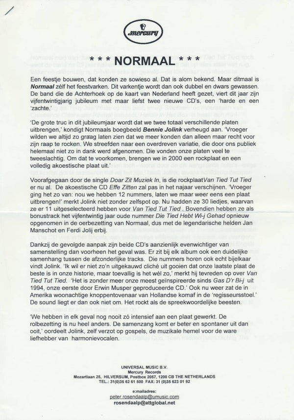 Normaal - Van Tied Tot Tied - 2000 [Holland] - Press Release
