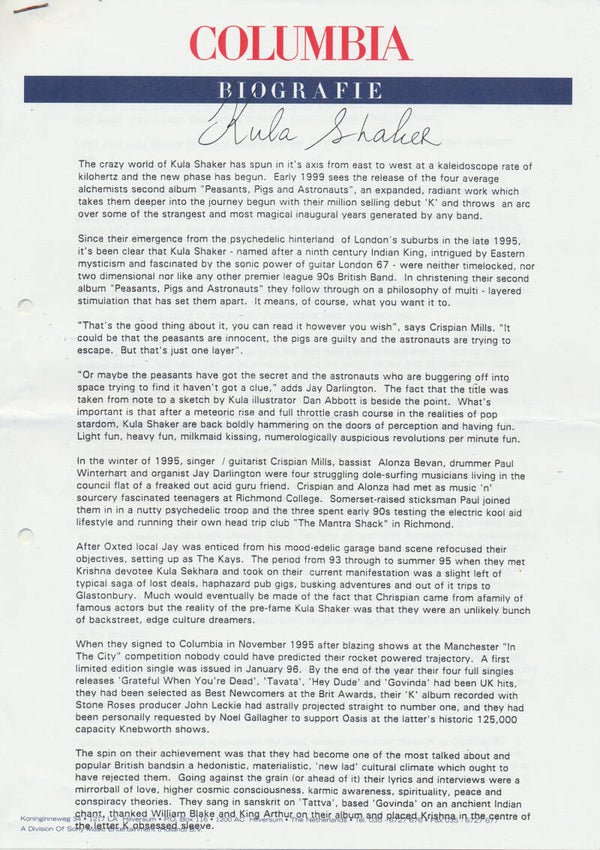 Kula Shaker - Biografie - 1999 [Holland] - Press Release