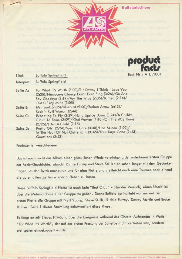 Buffalo Springfield - Product Facts - November 1973 [Germany] - Press Release