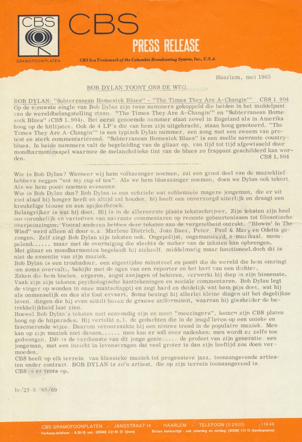 Bob Dylan - The Times They Are A-Changin' - May 23, 1965 [Holland] - Press Release