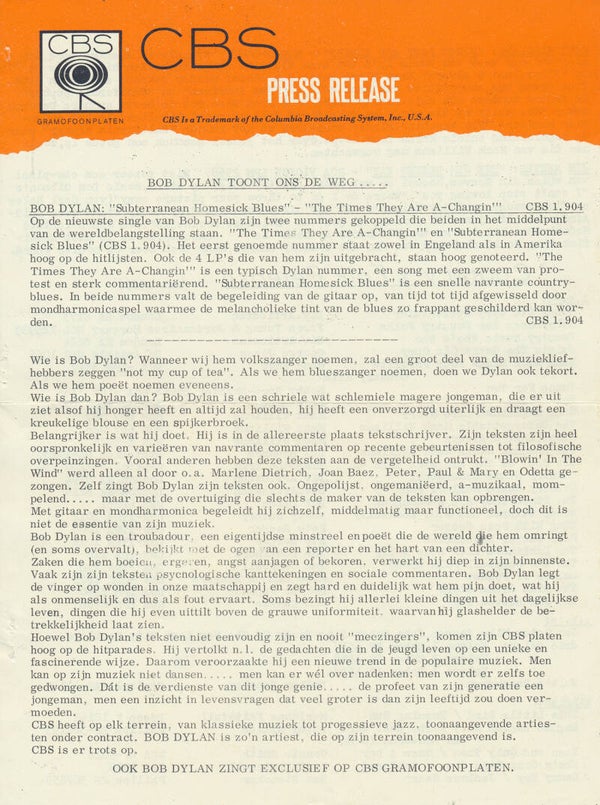 Bob Dylan - The Times They Are A-Changin' - June 1965 [Holland] - Press Release