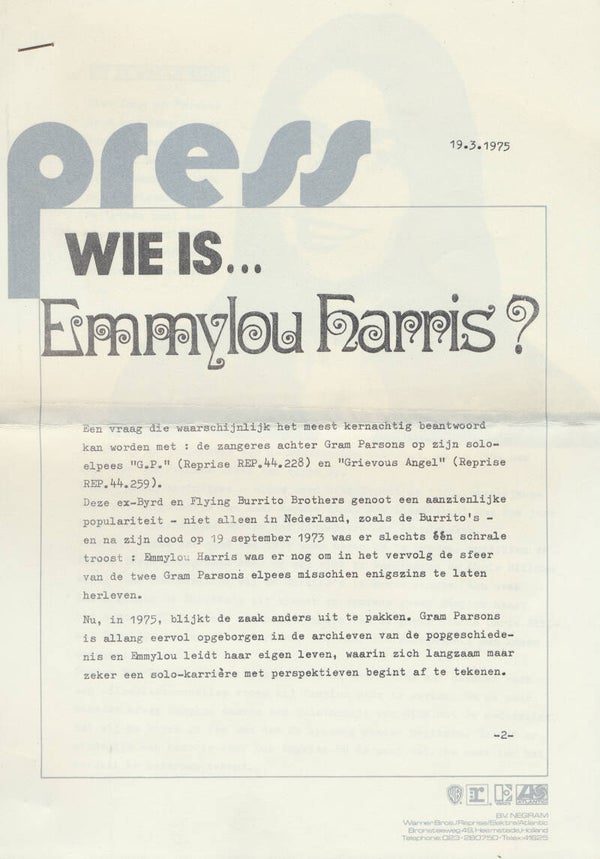 Emmylou Harris - Wie Is … - March 19, 1975 [Holland] - Press Release