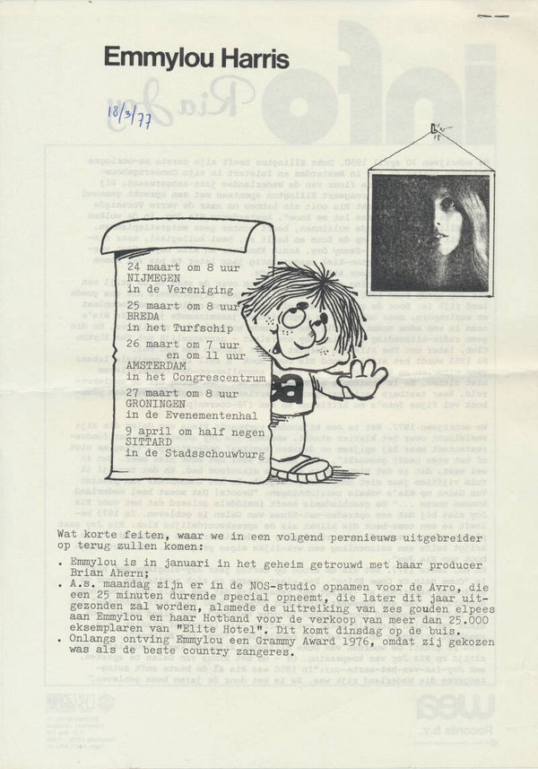 Emmylou Harris - Ria Joy - March 18, 1977 [Holland] - Press Release