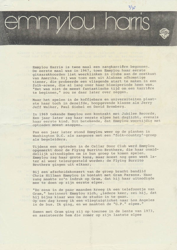 Emmylou Harris - February 1978 [Holland] - Press Release