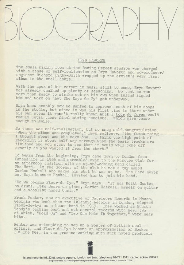 Bryn Haworth - Let The Days Go By - 1974 [UK] - Press Release