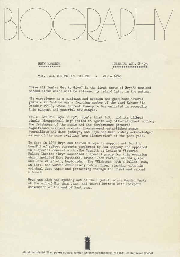 Bryn Haworth - Give All You've Got To Give - August 8, 1975 [UK] - Press Release