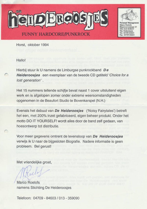 De Heideroosjes - Choice For A Lost Generation - October 1994 [Holland] - Press Kit