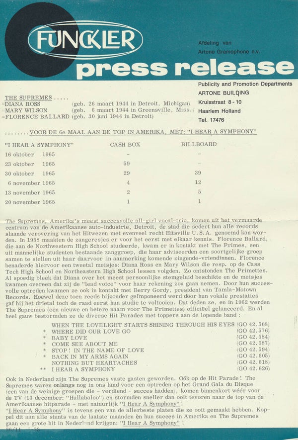 The Supremes - I Hear A Symphony - November 26, 1965 [Holland] - Press Release