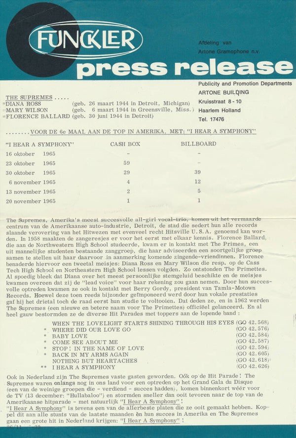 The Supremes - I Hear A Symphony - November 26, 1965 [Holland] - Press Release
