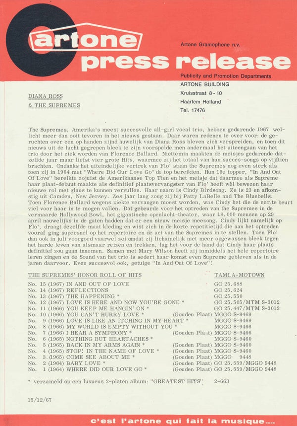 Diana Ross & The Supremes - December 15, 1967 [Holland] - Press Release
