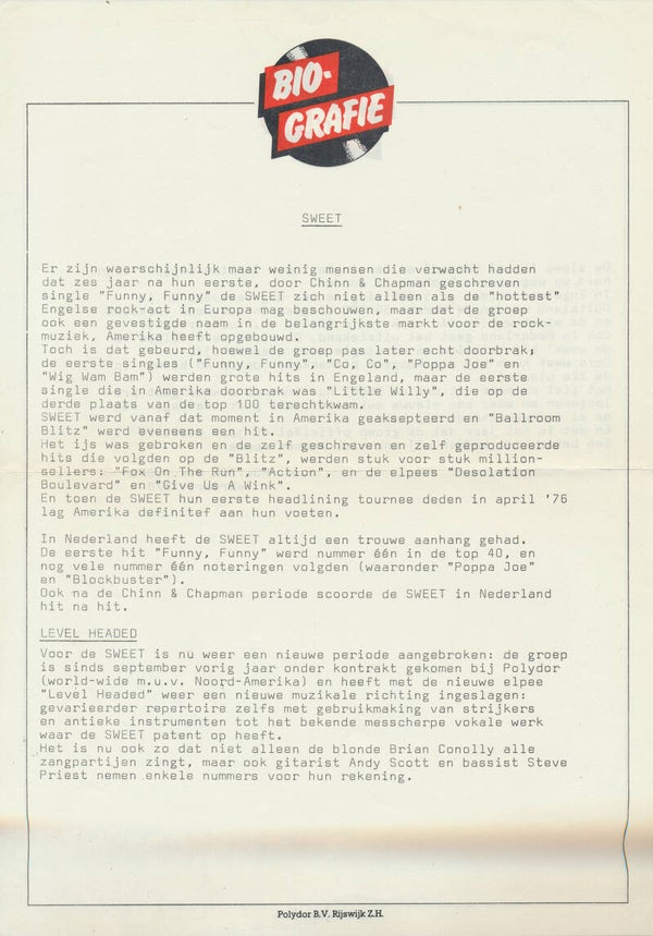 Sweet - Biografie - February 1978 [Holland] - Press Release