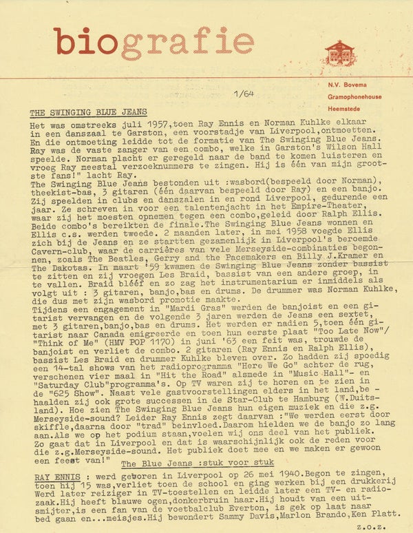 The Swinging Blue Jeans - Biografie - January 1964 [Holland] - Press Release