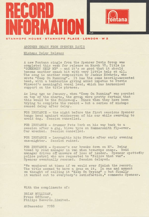 Spencer Davis Group - Somebody Help Me - 1966 [UK] - Press Release