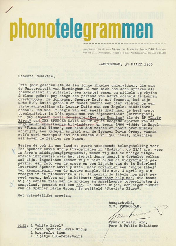Spencer Davis Group - Somebody Help Me - March 31, 1966 [Holland] - Press Release
