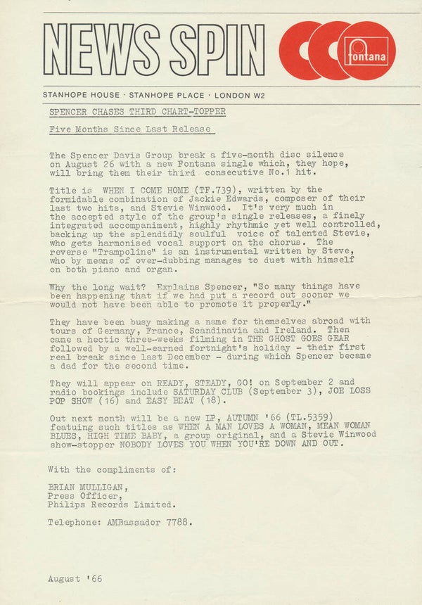 Spencer Davis Group - When I Come Home - August 1966 [UK] - Press Release