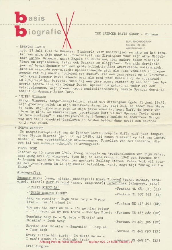 Spencer Davis Group - Basis Biografie - 1967 [Holland] - Press Release
